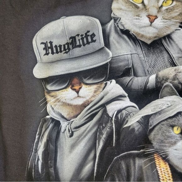 ODM Men T-Shirt Larg Black Cat Trio Hug Life Thug Gangster Graphic Crew Neck NWT - Picture 7 of 15